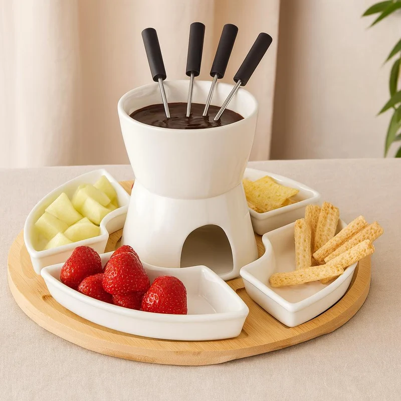 Zestaw do fondue czekoladowego z deską bambusową, 11 elementów