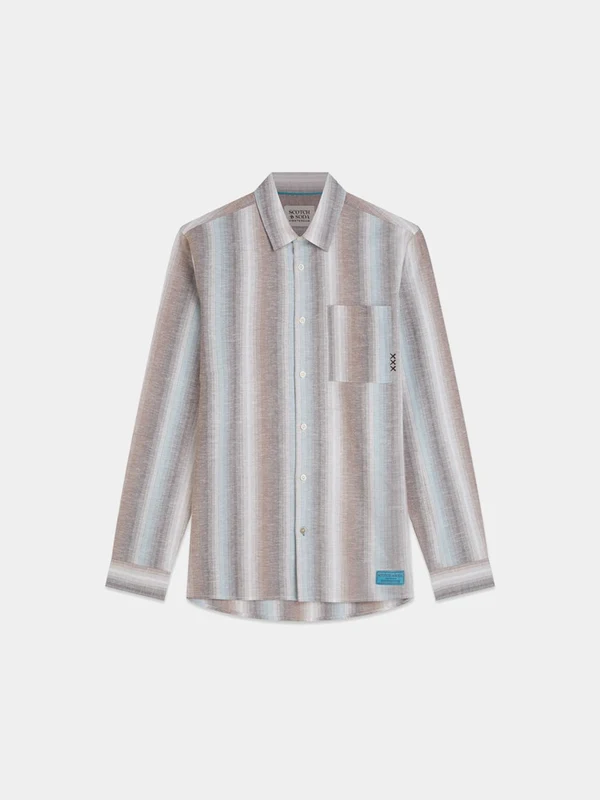 Scotch & Soda Mens Striped Linen-Blend Shirt - Hot Fudge Stripe Hot Fudge Stripe / L