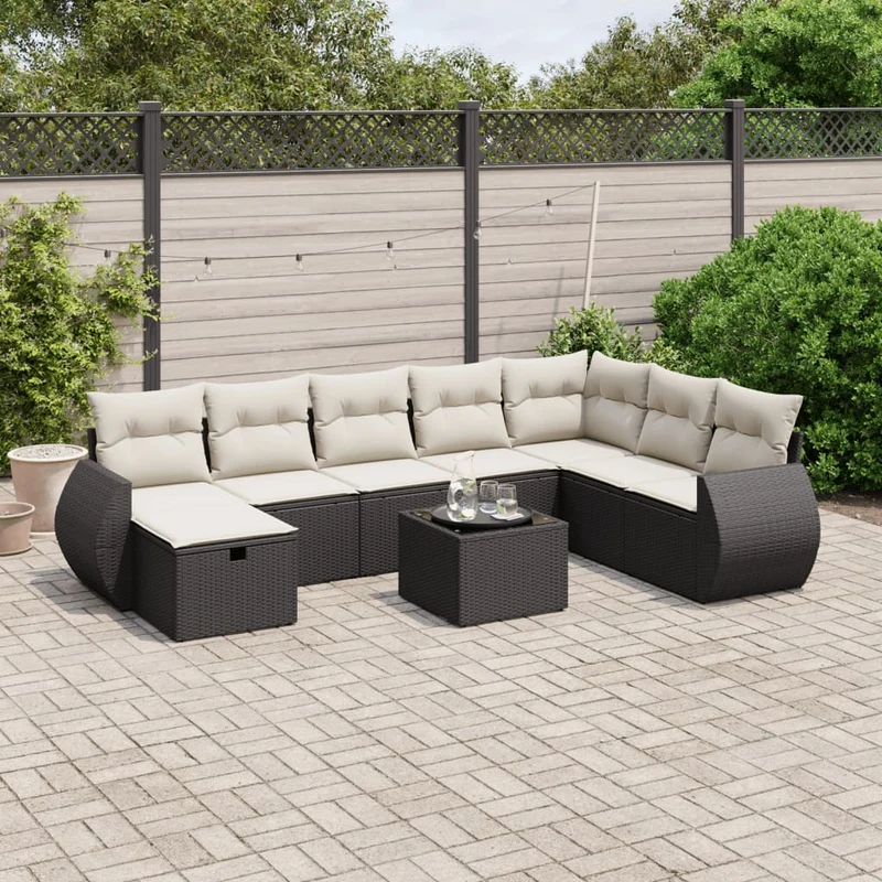 Loungeset poly rattan 9-delig zwart met kussens