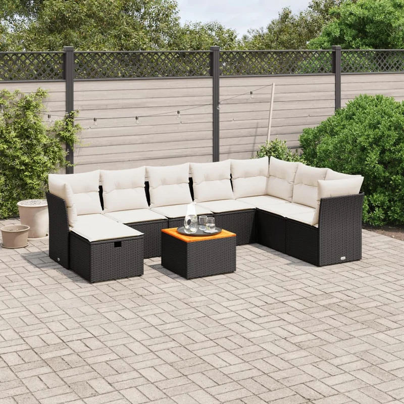 Loungeset 9-delig poly rattan zwart acaciahout