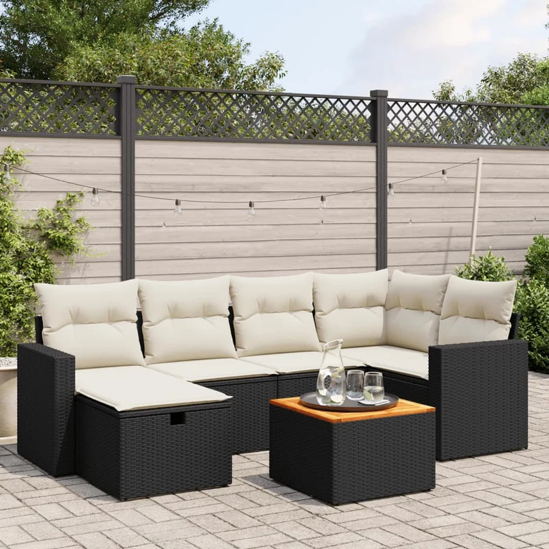 Loungeset 7-delig poly rattan zwart met acacia tafel
