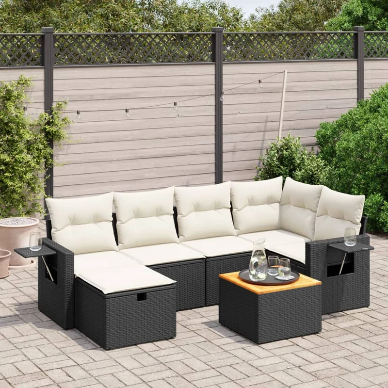 Loungeset 7-delig poly rattan zwart acaciahout