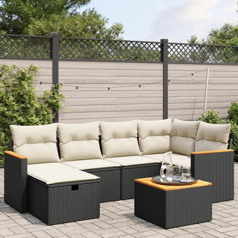 Loungeset poly rattan 7-delig zwart met kussens