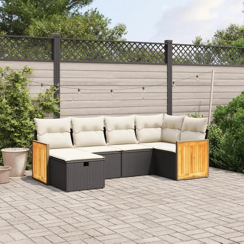 Loungeset 6-delig poly rattan zwart met kussens