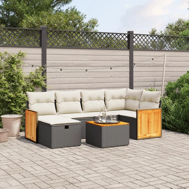 Loungeset 7-delig poly rattan zwart acaciahout
