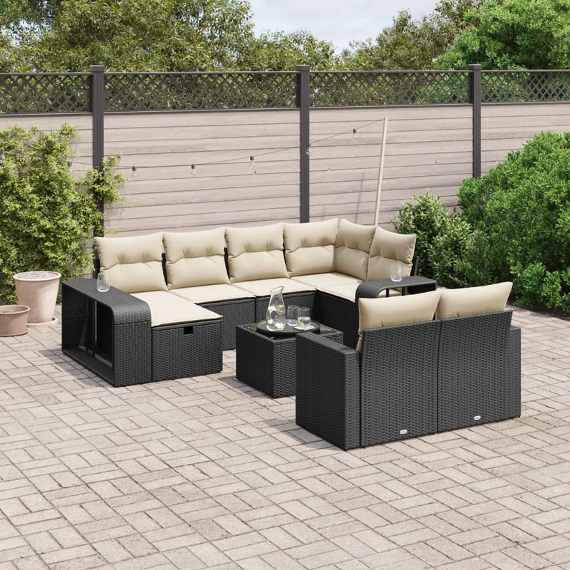 Loungeset 11-delig poly rattan zwart met kussens