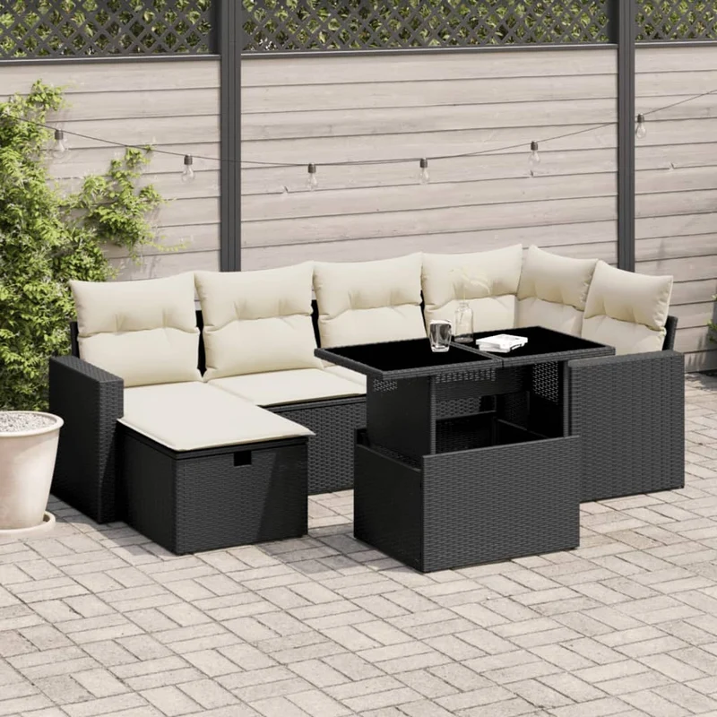 Loungeset poly rattan 7-delig zwart