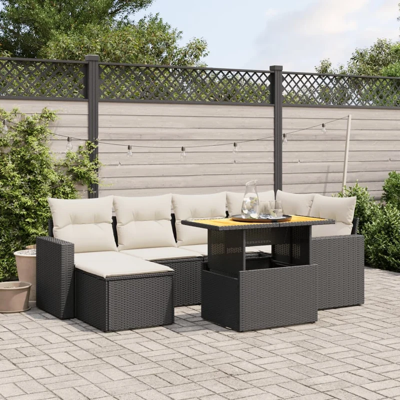 Loungeset 7-delig poly rattan zwart acaciatafel