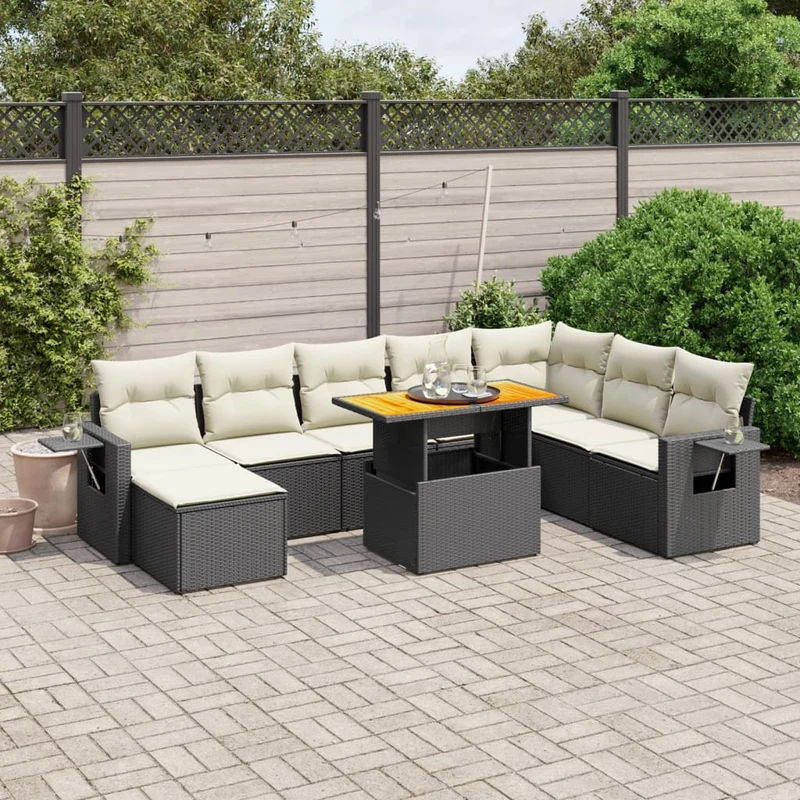 Loungeset 9-delig poly rattan zwart acaciahout tafel