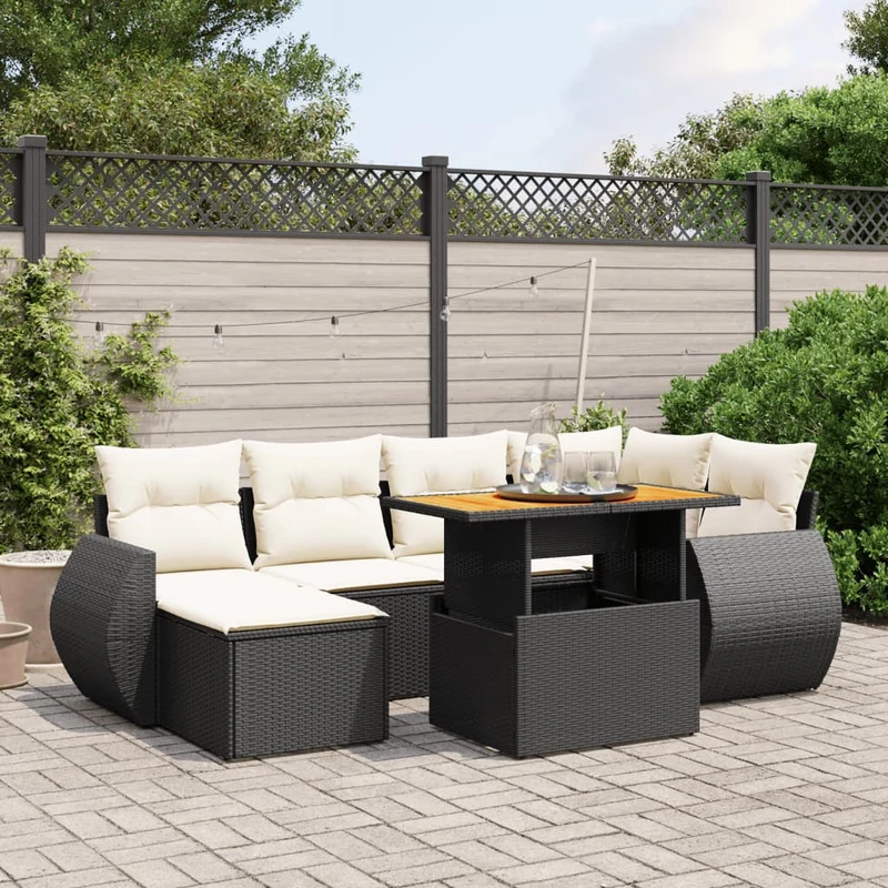 Loungeset 7-delig poly rattan zwart acaciahout