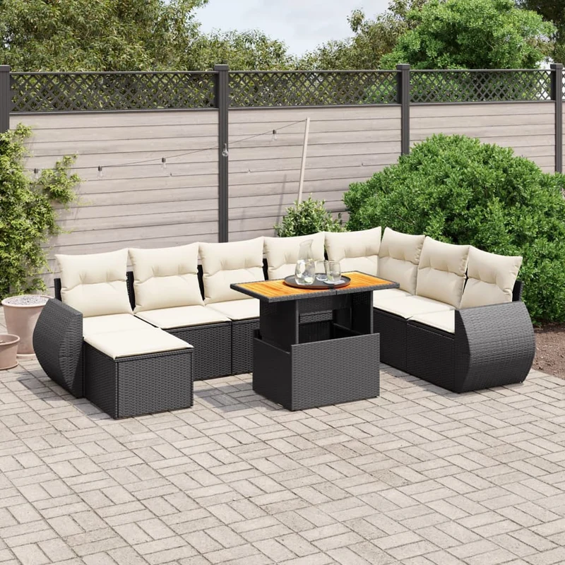 Loungeset 9-delig poly rattan zwart met kussens
