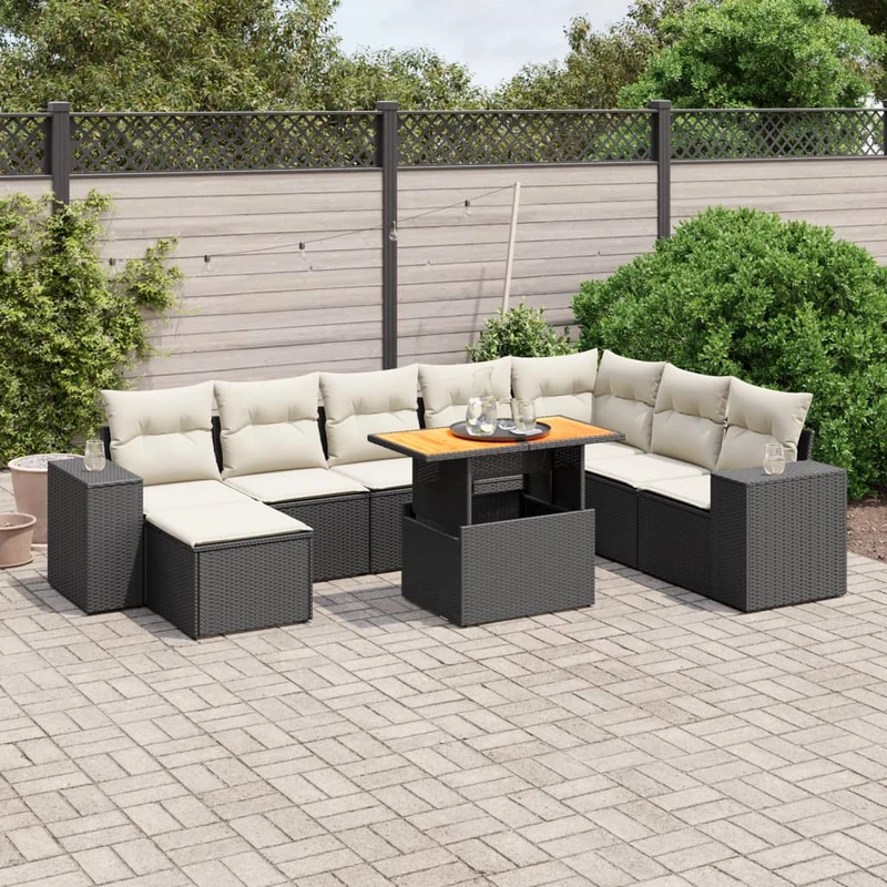 Loungeset poly rattan 9-delig zwart crèmewit