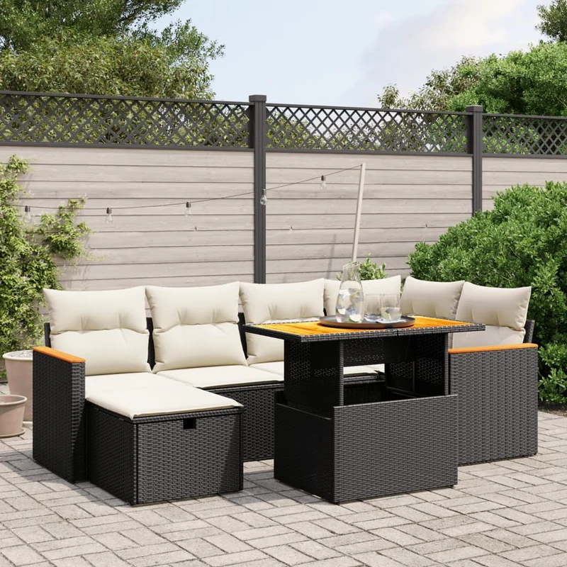 Loungeset 7-delig poly rattan zwart acaciahout