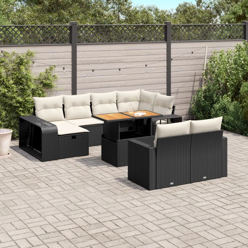 Loungeset 11-delig polyrattan zwart acaciahout