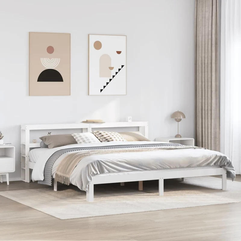 Sängynrunko päädyllä valkoinen 200x200 cm täysi mänty