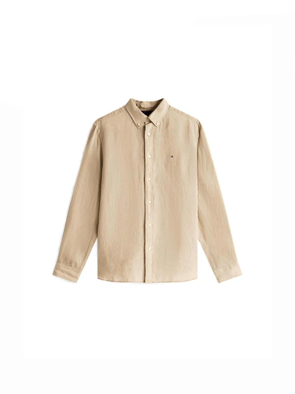 Tommy Hilfiger - Men's Brand Logo Buttoned Long Sleeve Shirt Beige Sand / S