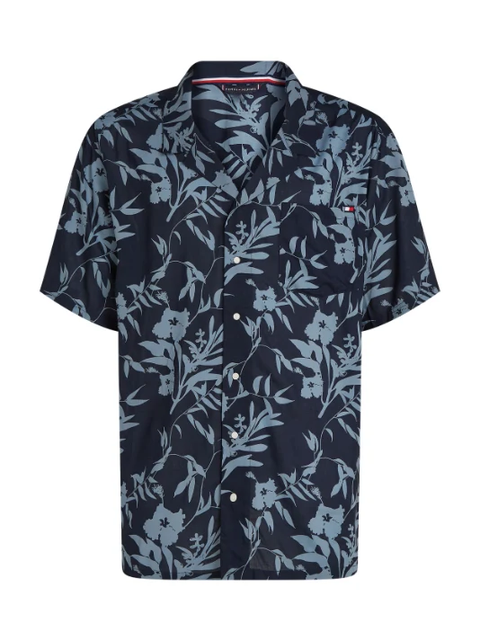 Tommy Hilfiger - Men's Essential Print Sleeve Bowling Shirt Navy / S