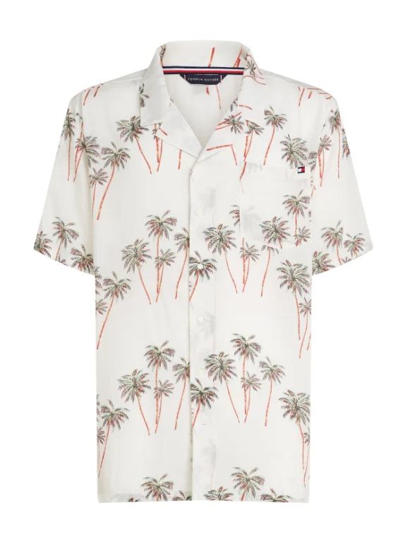 Tommy Hilfiger - Men's Essential Print Sleeve Bowling Shirt White / S