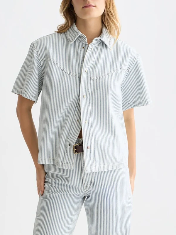 Scotch & Soda Womens Short-Sleeved Denim Shirt Indigo Stripe / L