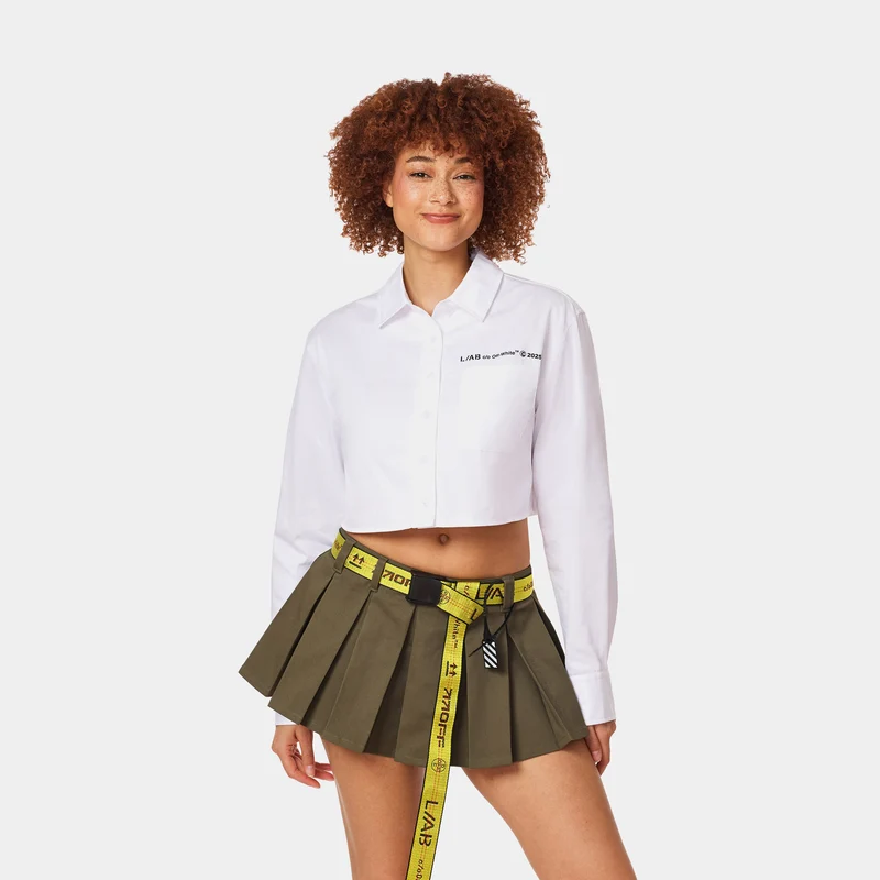 Boxy Cropped Woven Polo Womens Long Sleeve Shirt (Off White) S
