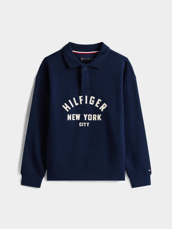 Tommy Hilfiger - Boys' Curved Graphic Polo T-Shirt Collar Sweatshirt Navy / 6