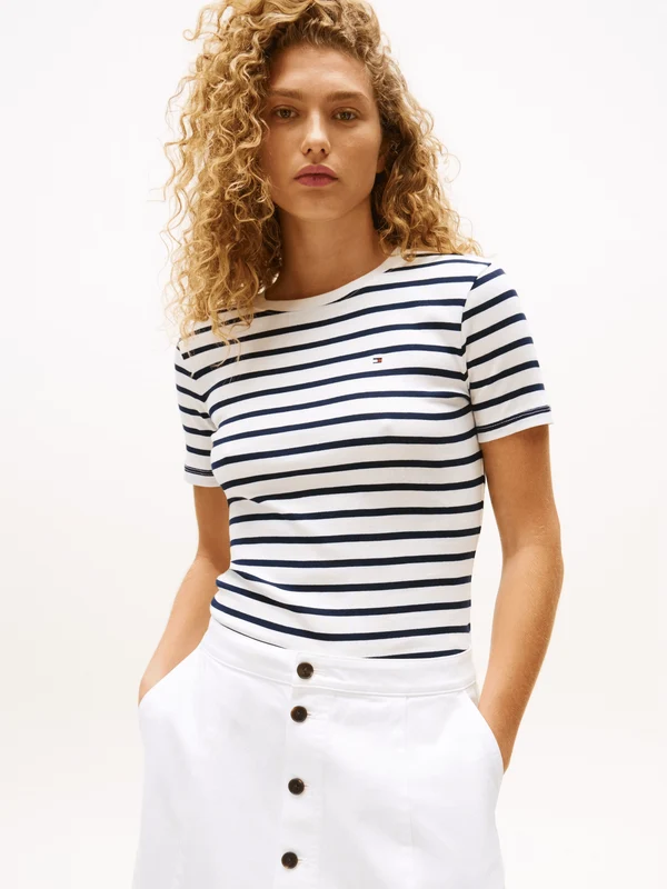 Tommy Hilfiger Womens Cody Slim Crew Neck T-Shirt - Breton/Ecu/Dark Night Navy Breton/Ecu/Dark Night Navy / S