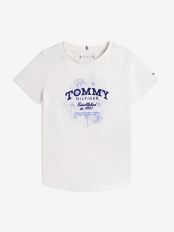 Tommy Hilfiger Girls Tommy Flock Flower T-Shirt in Ivory Multicoloured / 12 Yrs