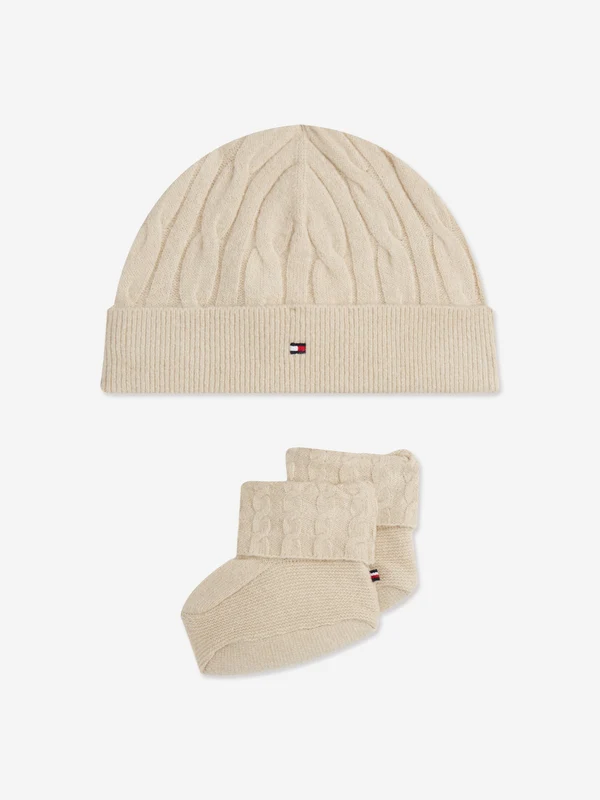 Tommy Hilfiger Baby Cable Knit Beanie and Booties Gift Set in Beige Multicoloured / One size