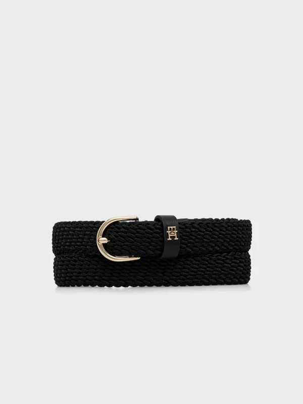Tommy Hilfiger - Women's Oval Buckle Elastic Braided Leather Belt Black 1 / 80