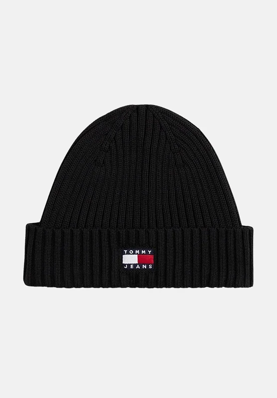 TOMMY JEANS Berretto di lana RIBBED BEANIE nero per uomo e donna con risvolto e iconico patch bandierina. UNI