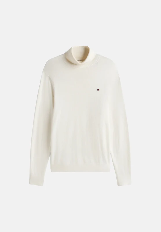 TOMMY HILFIGER Maglia collo alto COTTON CASHMERE ROLL NECK JUMPER Ivory Petal bianco avorio da uomo con maniche lunghe e logo ricamato sul petto L