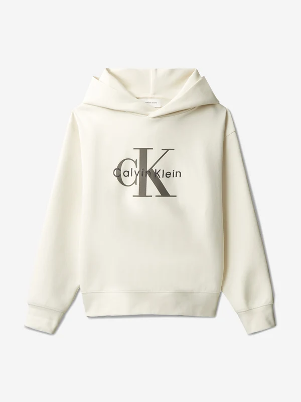Calvin Klein Boys Light Monologo Hoodie in Ivory Ivory / 14 Yrs