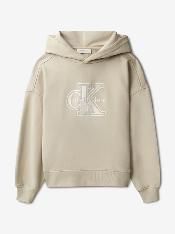 Calvin Klein Girls Velvet Monologo Hoodie in Beige Beige / 6 Yrs