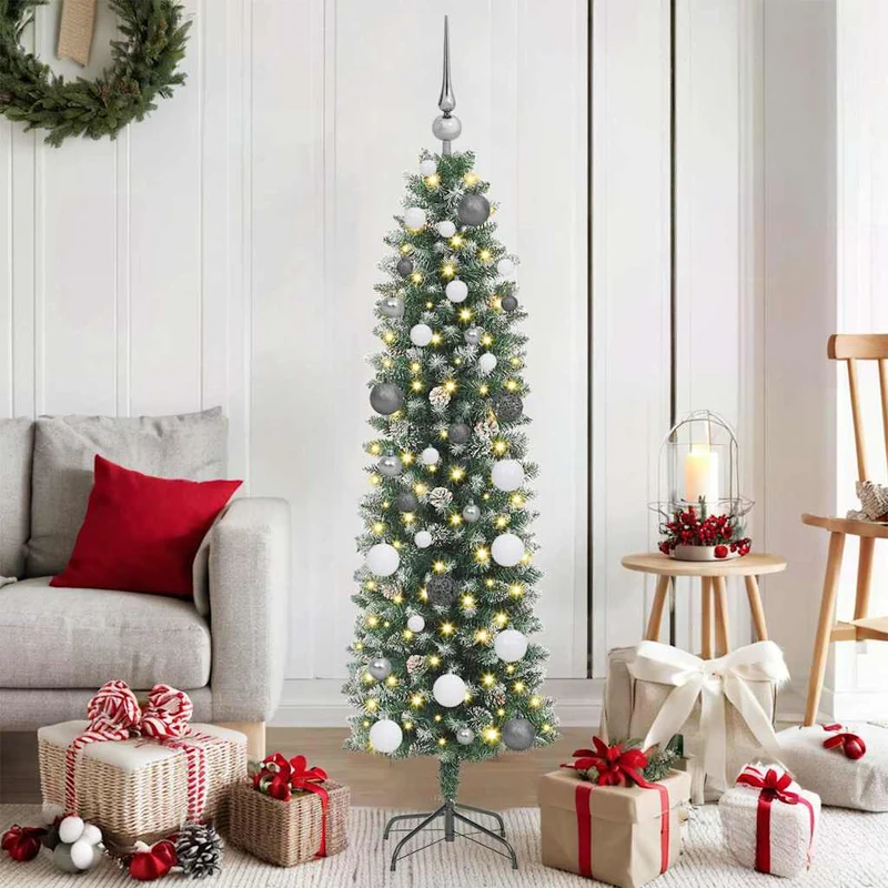 Kerstboom slank 150 cm groen wit met 150 LED