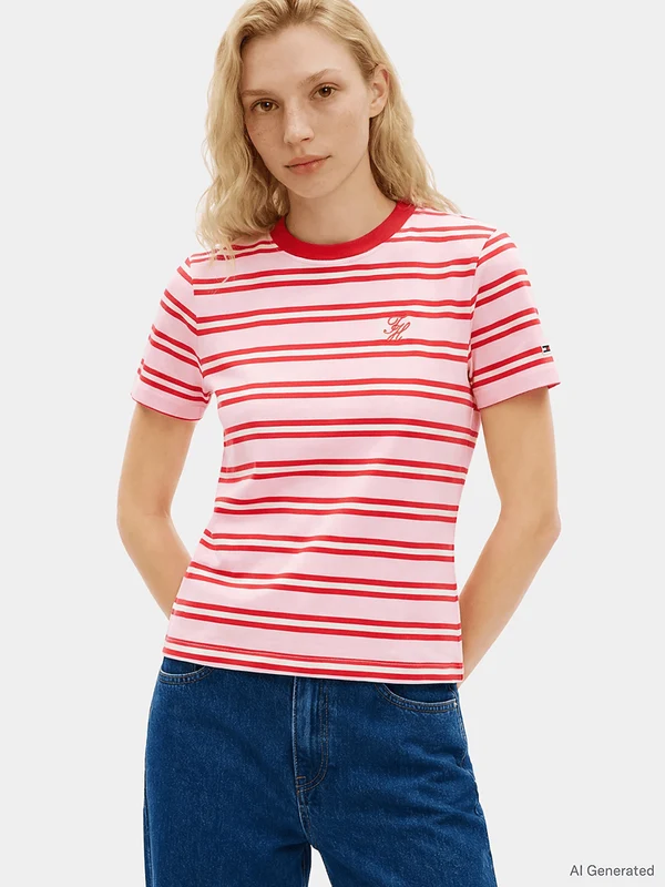 Tommy Hilfiger Womens Logo Embroidery Jersey Crew Neck T-Shirt - Preppy Stripe Bonita Pink Fireworks Preppy Stripe Bonita Pink Fireworks / M
