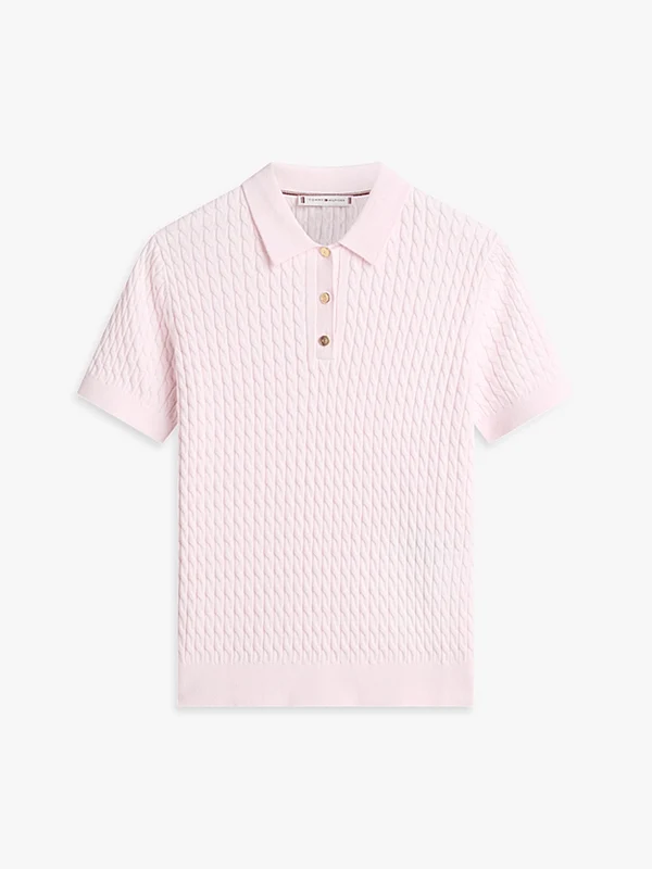 Tommy Hilfiger Womens Cable Knit Short Sleeve Polo Jumper Light Pink / S