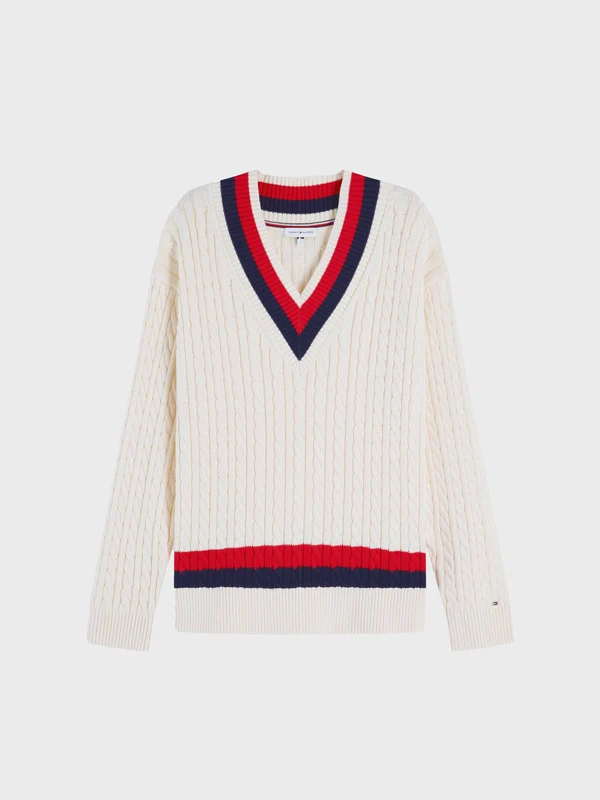 Tommy Hilfiger - Women's Cable Knit Relaxed V-Neck Jumper Light Beige / XS