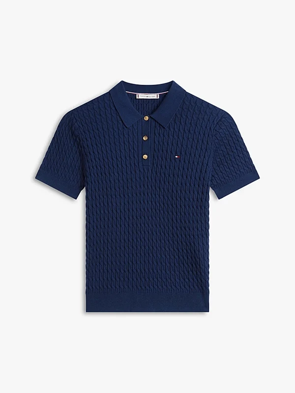 Tommy Hilfiger Womens Cable Knit Short Sleeve Polo Jumper Dark Night Navy / XL