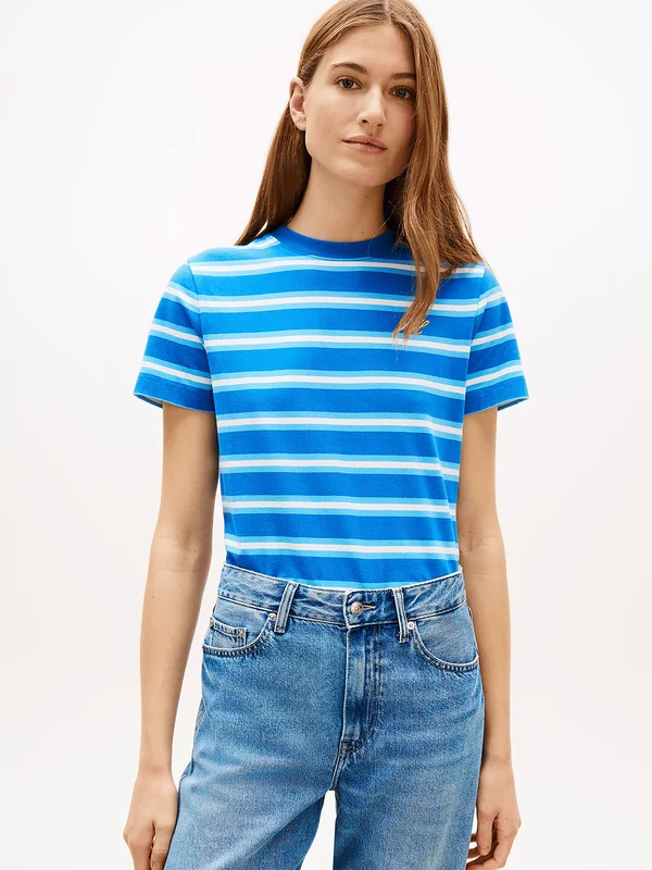 Tommy Hilfiger Womens Logo Embroidery Jersey Crew Neck T-Shirt - Preppy Stripe Blue Orbit / Frigid Preppy Stripe Blue Orbit / Frigid / S