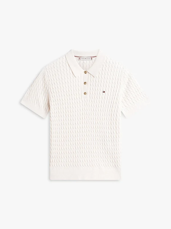 Tommy Hilfiger Womens Cable Knit Short Sleeve Polo Jumper Heather Ivory Petal / L