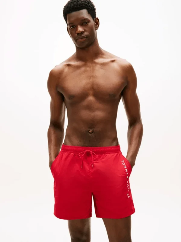 Tommy Hilfiger Mens Original Logo Mid Length Swim Shorts - Medium Red Medium Red / XXL