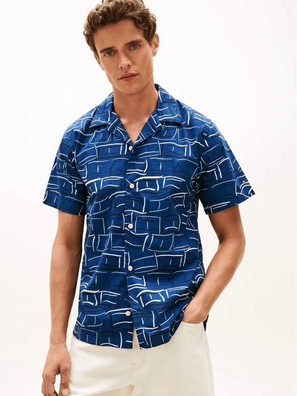 Tommy Hilfiger Mens Flex Poplin Print Short Sleeve Shirt Blue Jean / XL
