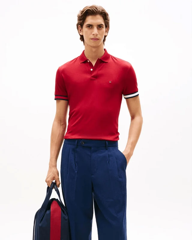 Tommy Hilfiger Mens RWB Cuff Liquid Cotton Slim Polo - Regatta Red Regatta Red / XL