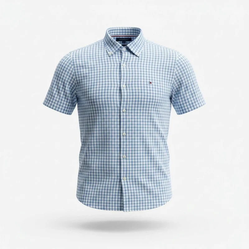 Tommy Hilfiger Mens Linen Blend Gingham Shirt Cloudy Blue/Check / M