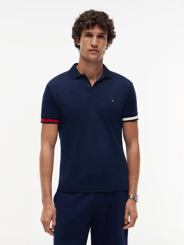 Tommy Hilfiger Mens RWB Cuff Liquid Cotton Slim Polo - Carbon Navy Carbon Navy / XL