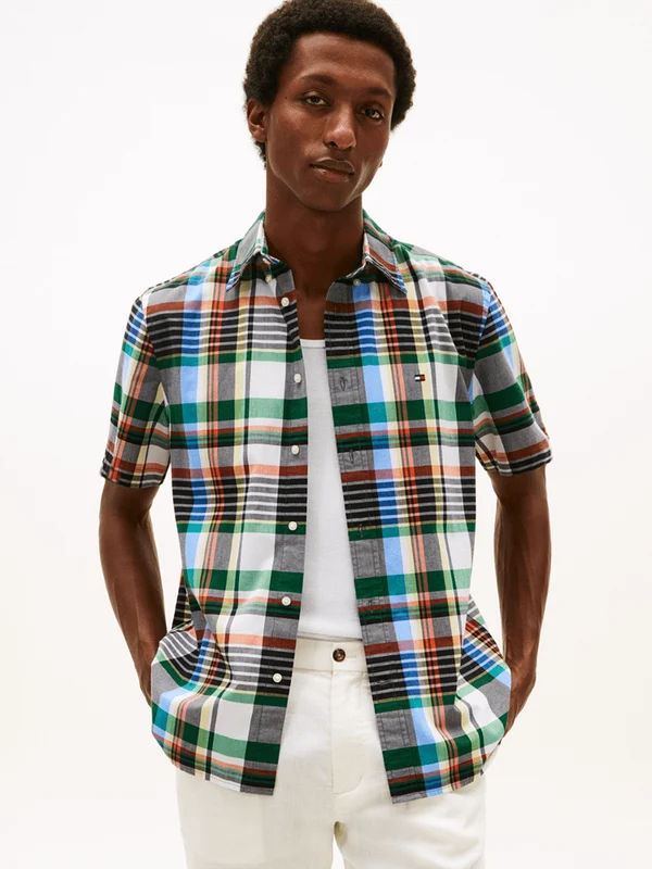 Tommy Hilfiger Mens Flex Poplin Multi Check Short Sleeve Shirt White Check / XXL
