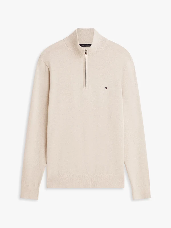 Tommy Hilfiger Mens Flag Embroidery Quarter-Zip Jumper Sandalwood Heather / M