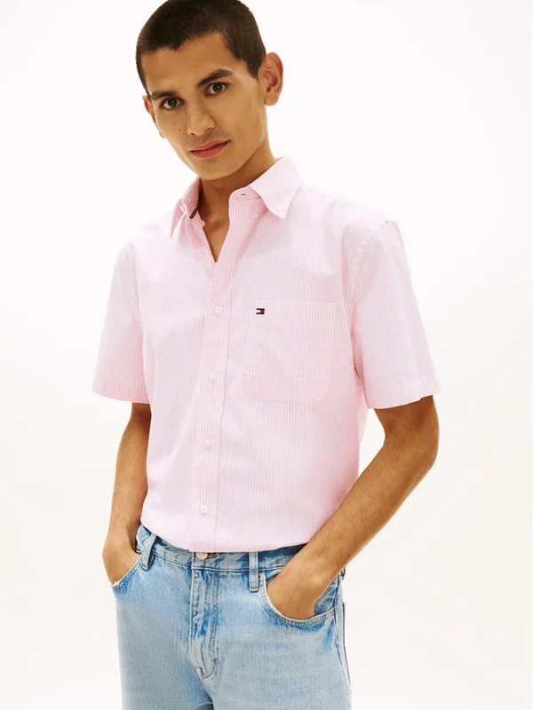 Tommy Hilfiger Mens Short Sleeve Oxford Stripe Shirt Petal Stripe / XXL