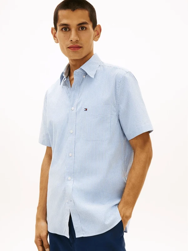 Tommy Hilfiger Mens Short Sleeve Oxford Stripe Shirt Blue Stripe / XL