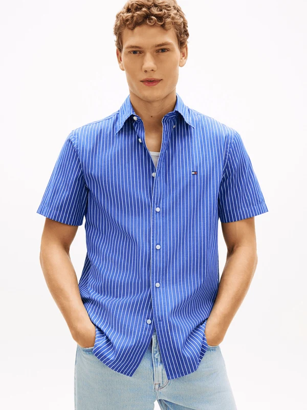 Tommy Hilfiger Mens Flex Poplin Stipe Short Sleeve Shirt Wedgewood Blue Stripe / L